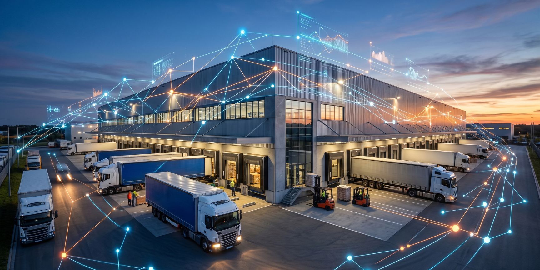 Luftaufnahme einer hochmodernen Logistikimmobilie mit Lkw-Flotte und digitalen Netzwerkknoten. Visualisiert eine resiliente, krisenfeste Supply Chain.